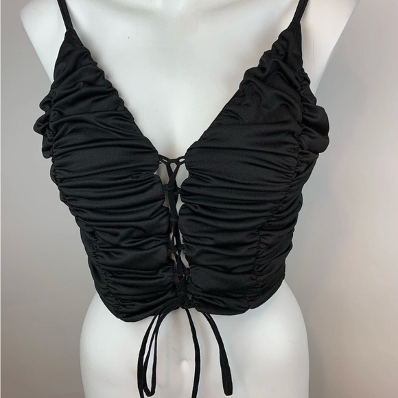SHEIN Tops - SHEIN Black V-Neck Ruched Lace-Up Crop Top- S